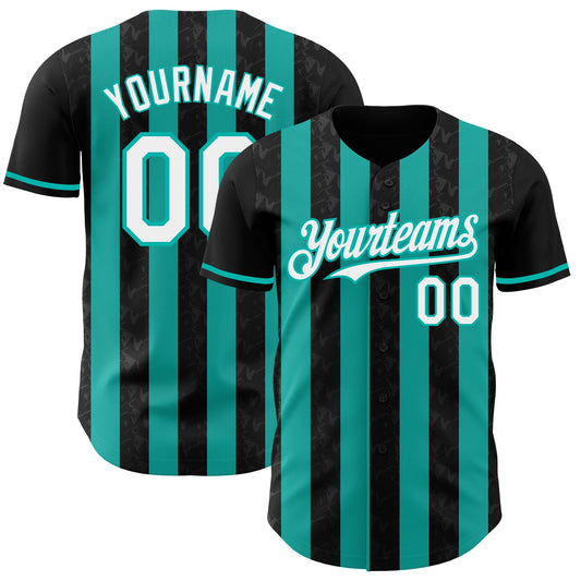 Custom Black White-Aqua Classic Vertical Stripe Fluid Liquid Texture Authentic Baseball Jersey - Main View