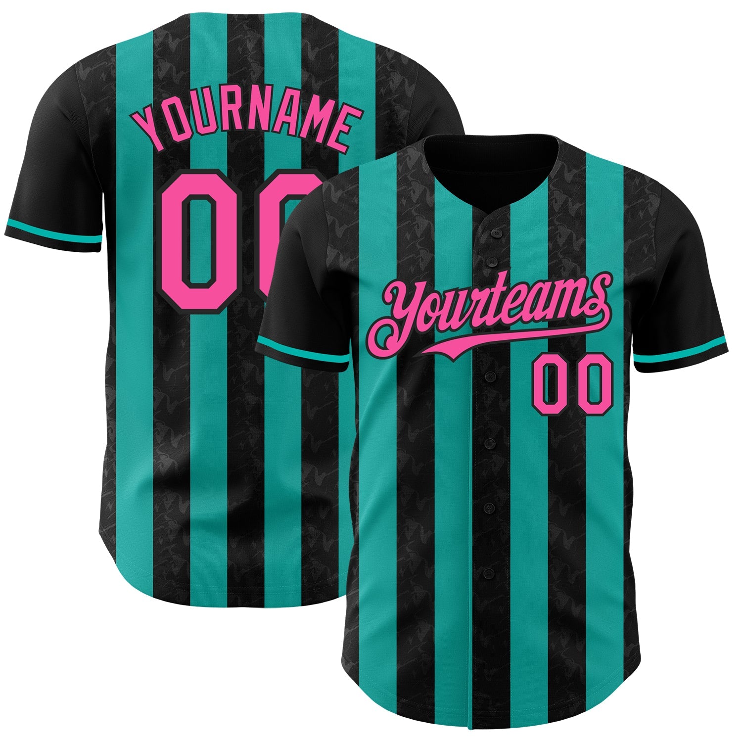 Custom Black Pink-Aqua Classic Vertical Stripe Fluid Liquid Texture Authentic Baseball Jersey - Main View