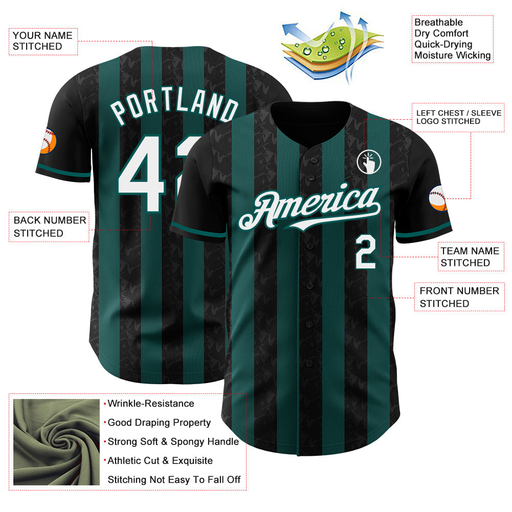 Custom Black White-Midnight Green Classic Vertical Stripe Fluid Liquid Texture Authentic Baseball Jersey view 3