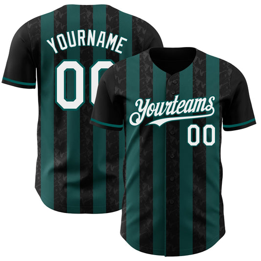 Custom Black White-Midnight Green Classic Vertical Stripe Fluid Liquid Texture Authentic Baseball Jersey - Main View