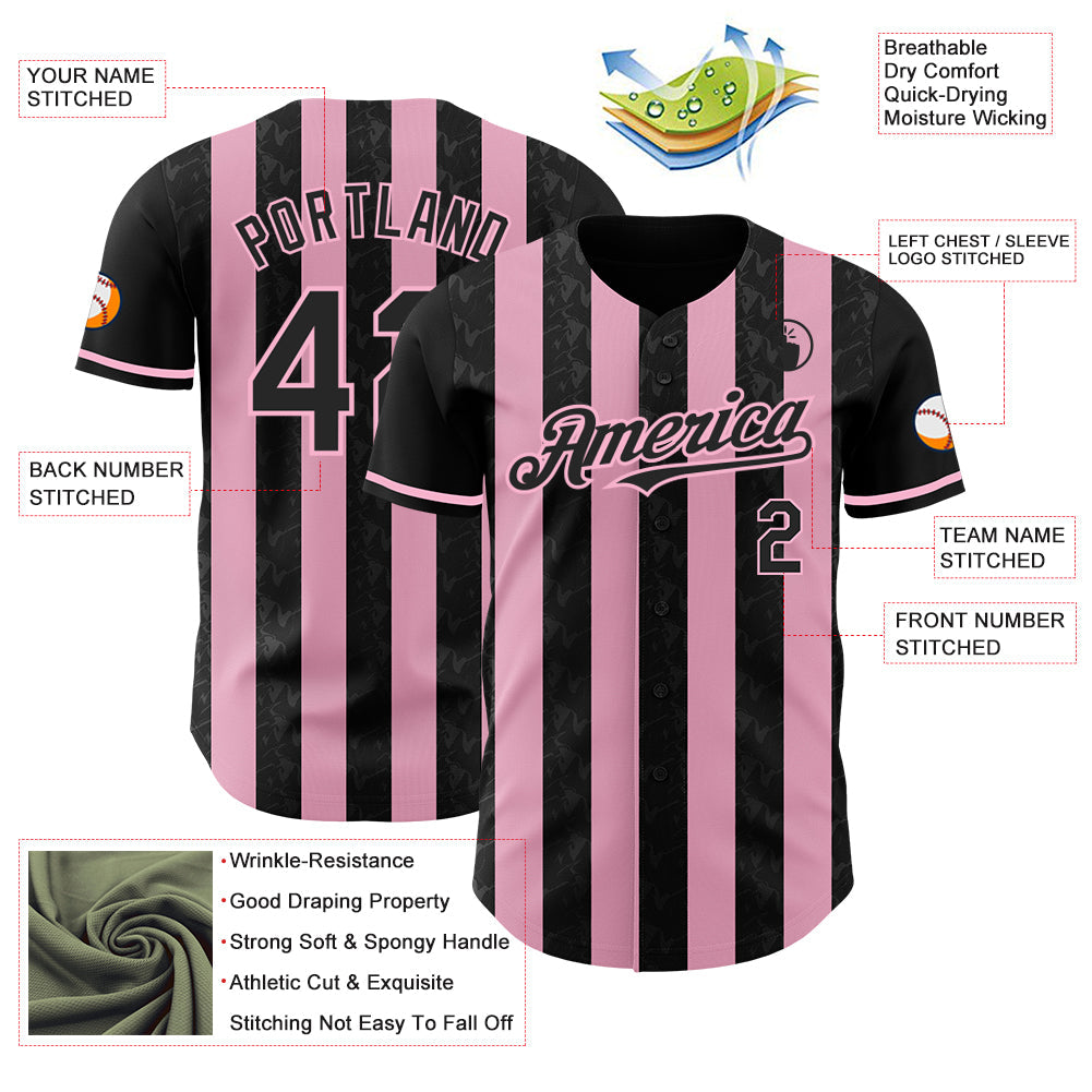 Custom Black-Light Pink Classic Vertical Stripe Fluid Liquid Texture Authentic Baseball Jersey view 3