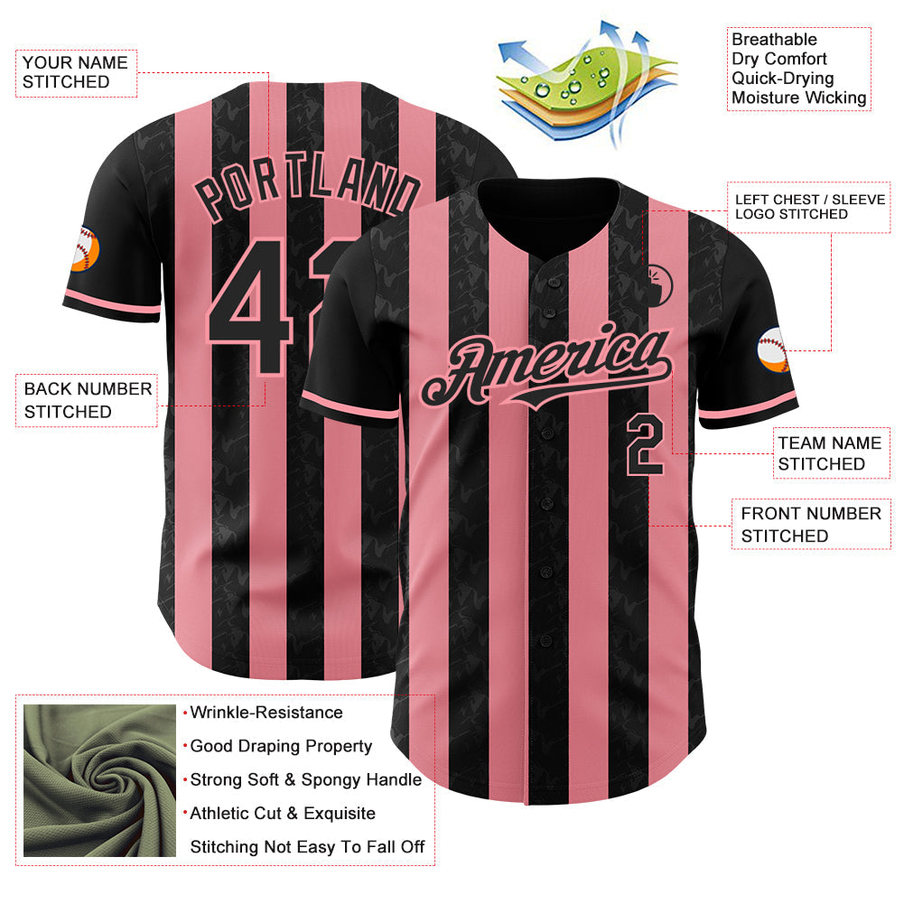 Custom Black-Medium Pink Classic Vertical Stripe Fluid Liquid Texture Authentic Baseball Jersey view 3