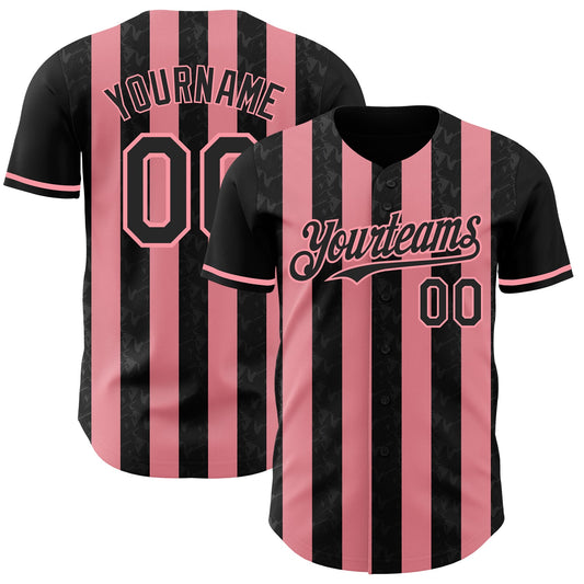 Custom Black-Medium Pink Classic Vertical Stripe Fluid Liquid Texture Authentic Baseball Jersey - Main View