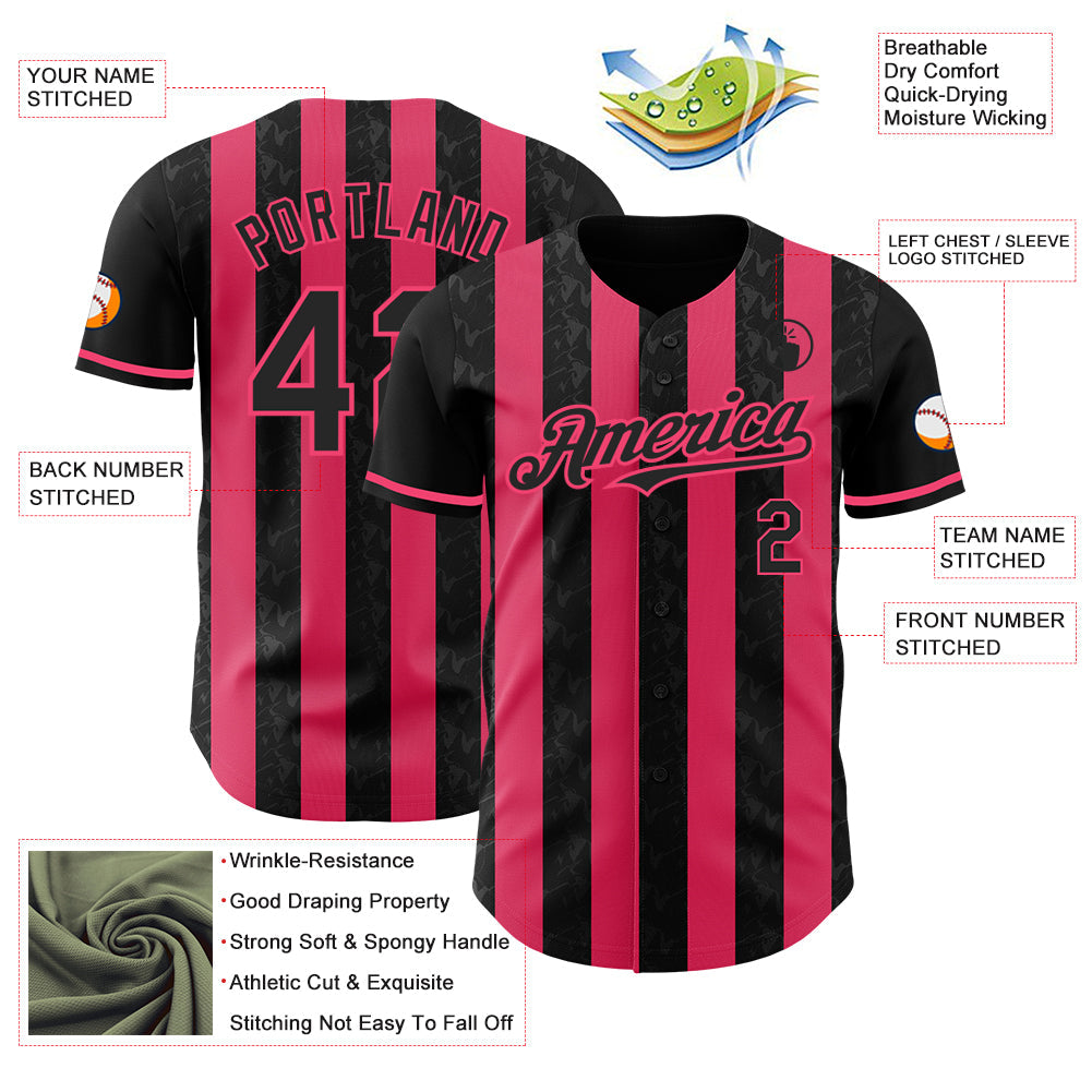 Custom Black-Neon Pink Classic Vertical Stripe Fluid Liquid Texture Authentic Baseball Jersey view 3