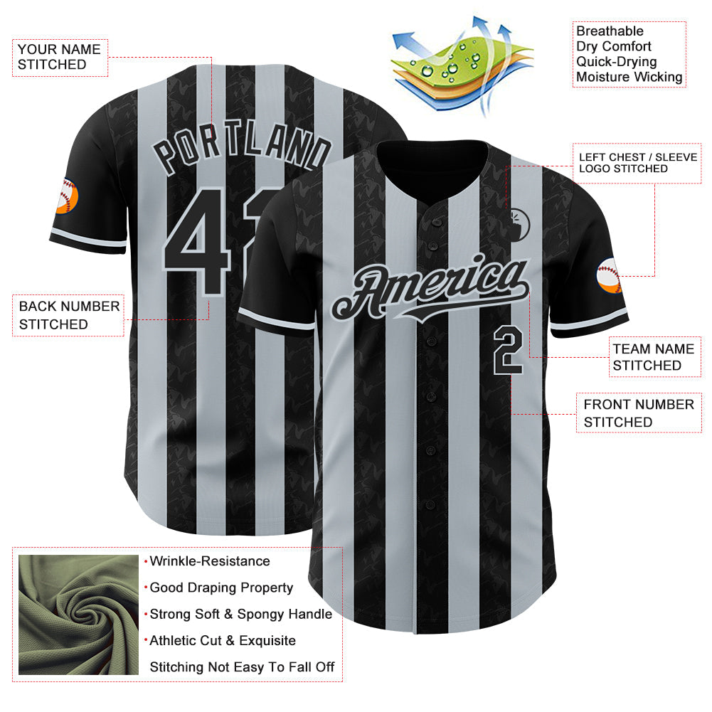 Custom Black-Silver Classic Vertical Stripe Fluid Liquid Texture Authentic Baseball Jersey view 3