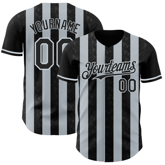 Custom Black-Silver Classic Vertical Stripe Fluid Liquid Texture Authentic Baseball Jersey - Main View
