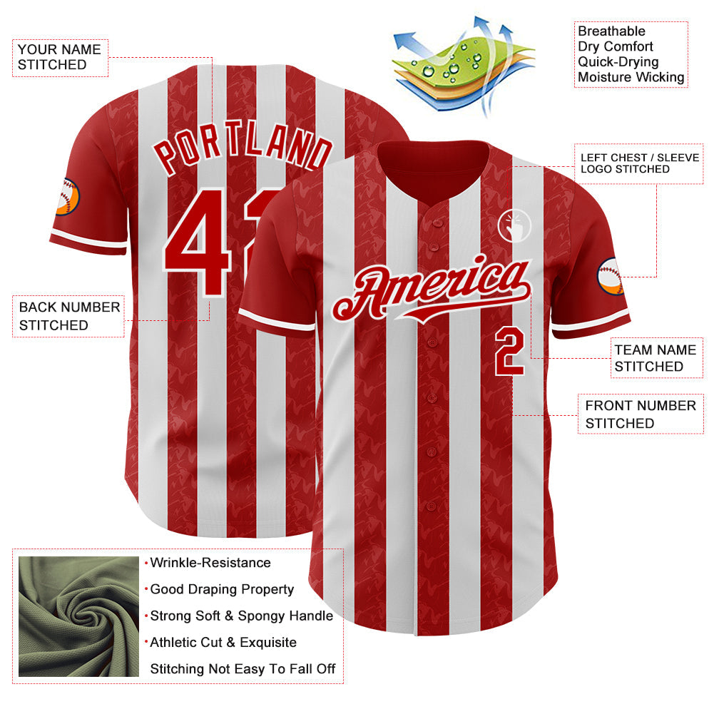 Custom Red-White Classic Vertical Stripe Fluid Liquid Texture Authentic Baseball Jersey view 3