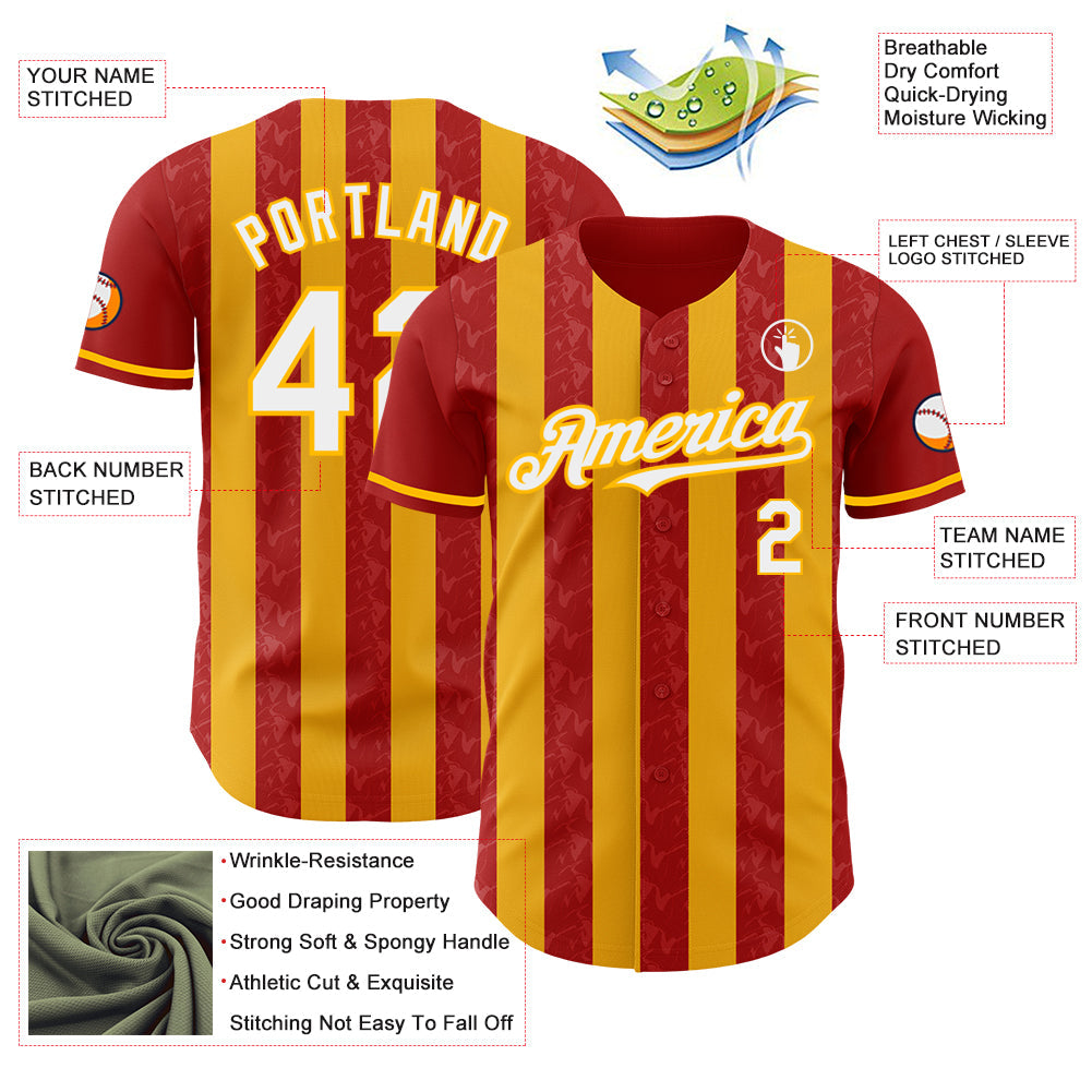 Custom Red White-Gold Classic Vertical Stripe Fluid Liquid Texture Authentic Baseball Jersey view 3