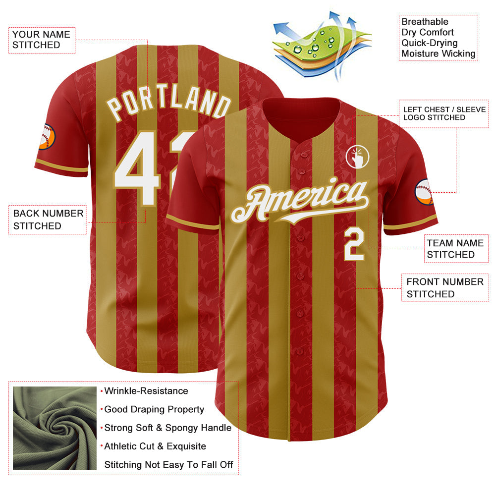 Custom Red White-Old Gold Classic Vertical Stripe Fluid Liquid Texture Authentic Baseball Jersey view 3