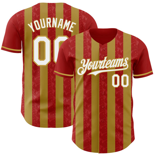 Custom Red White-Old Gold Classic Vertical Stripe Fluid Liquid Texture Authentic Baseball Jersey - Main View