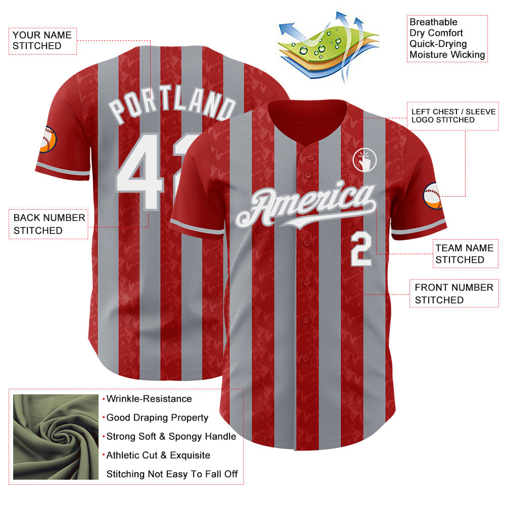 Custom Red White-Gray Classic Vertical Stripe Fluid Liquid Texture Authentic Baseball Jersey view 3