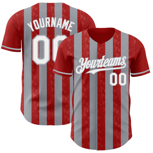 Custom Red White-Gray Classic Vertical Stripe Fluid Liquid Texture Authentic Baseball Jersey - Main View