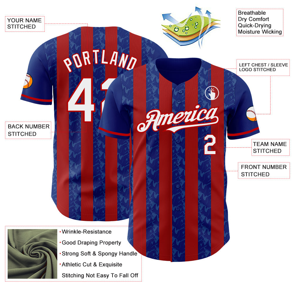 Custom Royal White-Red Classic Vertical Stripe Fluid Liquid Texture Authentic Baseball Jersey view 3