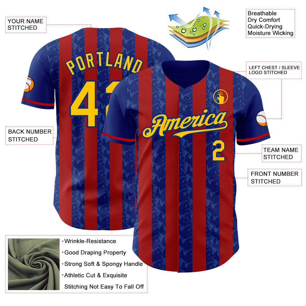 Custom Royal Yellow-Red Classic Vertical Stripe Fluid Liquid Texture Authentic Baseball Jersey view 3