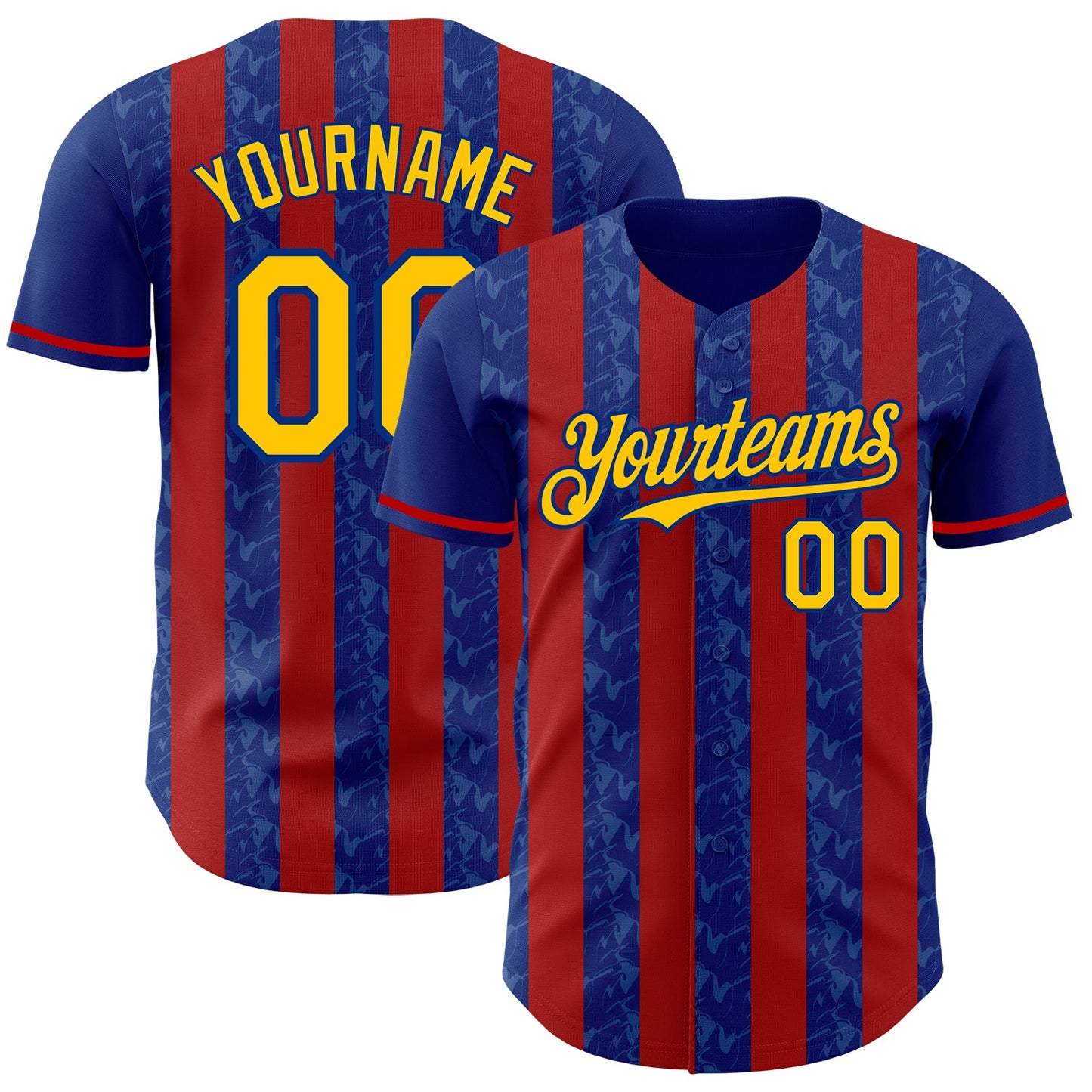 Custom Royal Yellow-Red Classic Vertical Stripe Fluid Liquid Texture Authentic Baseball Jersey - Main View