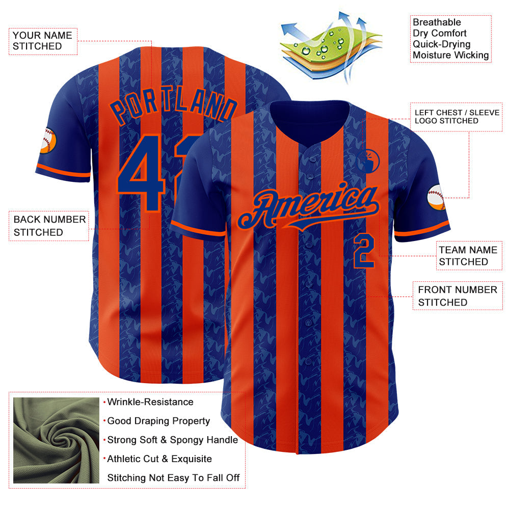 Custom Royal-Orange Classic Vertical Stripe Fluid Liquid Texture Authentic Baseball Jersey view 3