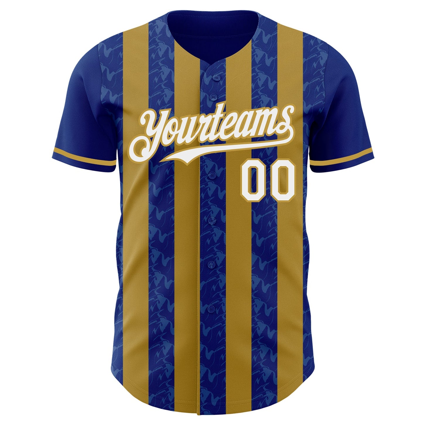 Custom Royal White-Old Gold Classic Vertical Stripe Fluid Liquid Texture Authentic Baseball Jersey view 2