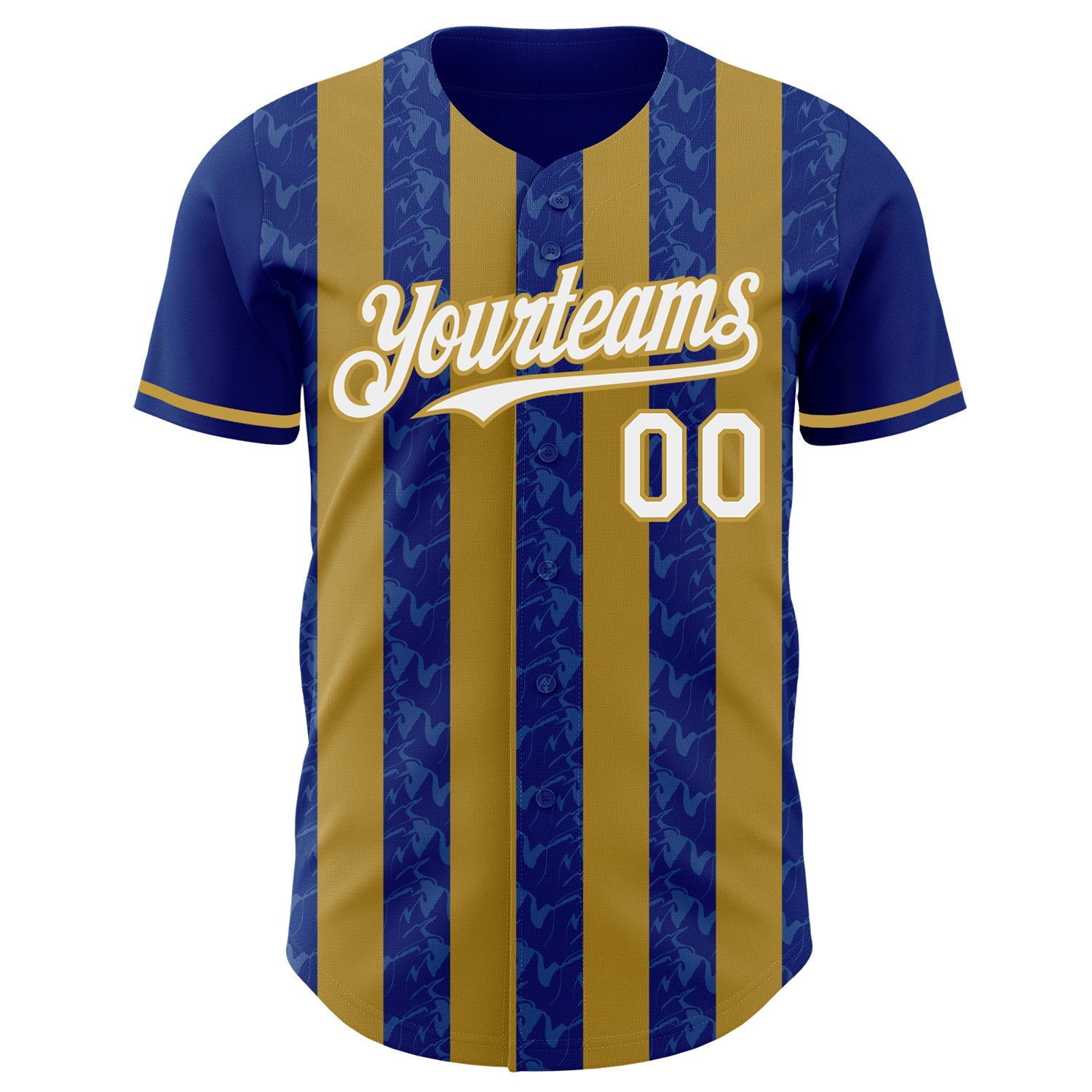 Custom Royal White-Old Gold Classic Vertical Stripe Fluid Liquid Texture Authentic Baseball Jersey view 2