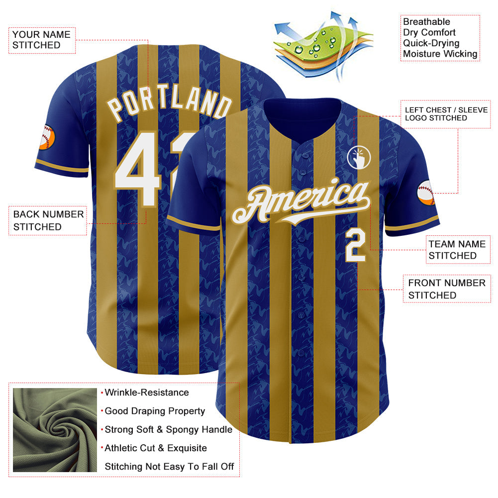 Custom Royal White-Old Gold Classic Vertical Stripe Fluid Liquid Texture Authentic Baseball Jersey view 3
