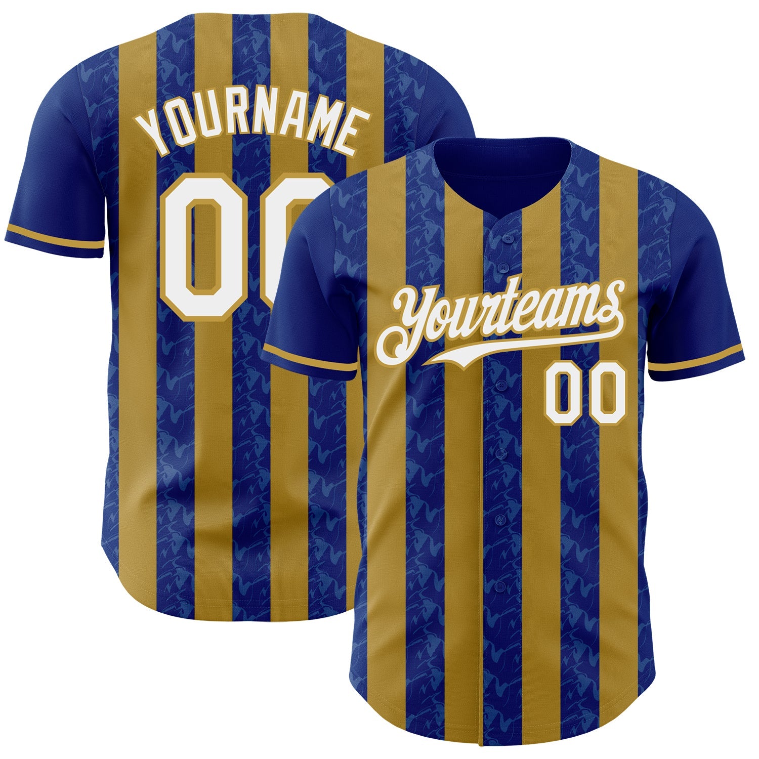 Custom Royal White-Old Gold Classic Vertical Stripe Fluid Liquid Texture Authentic Baseball Jersey - Main View