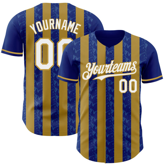 Custom Royal White-Old Gold Classic Vertical Stripe Fluid Liquid Texture Authentic Baseball Jersey - Main View