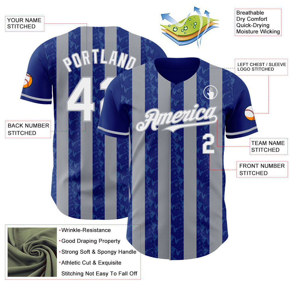 Custom Royal White-Gray Classic Vertical Stripe Fluid Liquid Texture Authentic Baseball Jersey view 3
