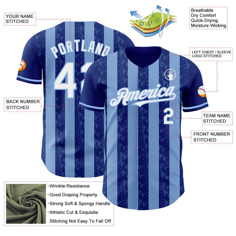Custom Royal White-Light Blue Classic Vertical Stripe Fluid Liquid Texture Authentic Baseball Jersey view 3