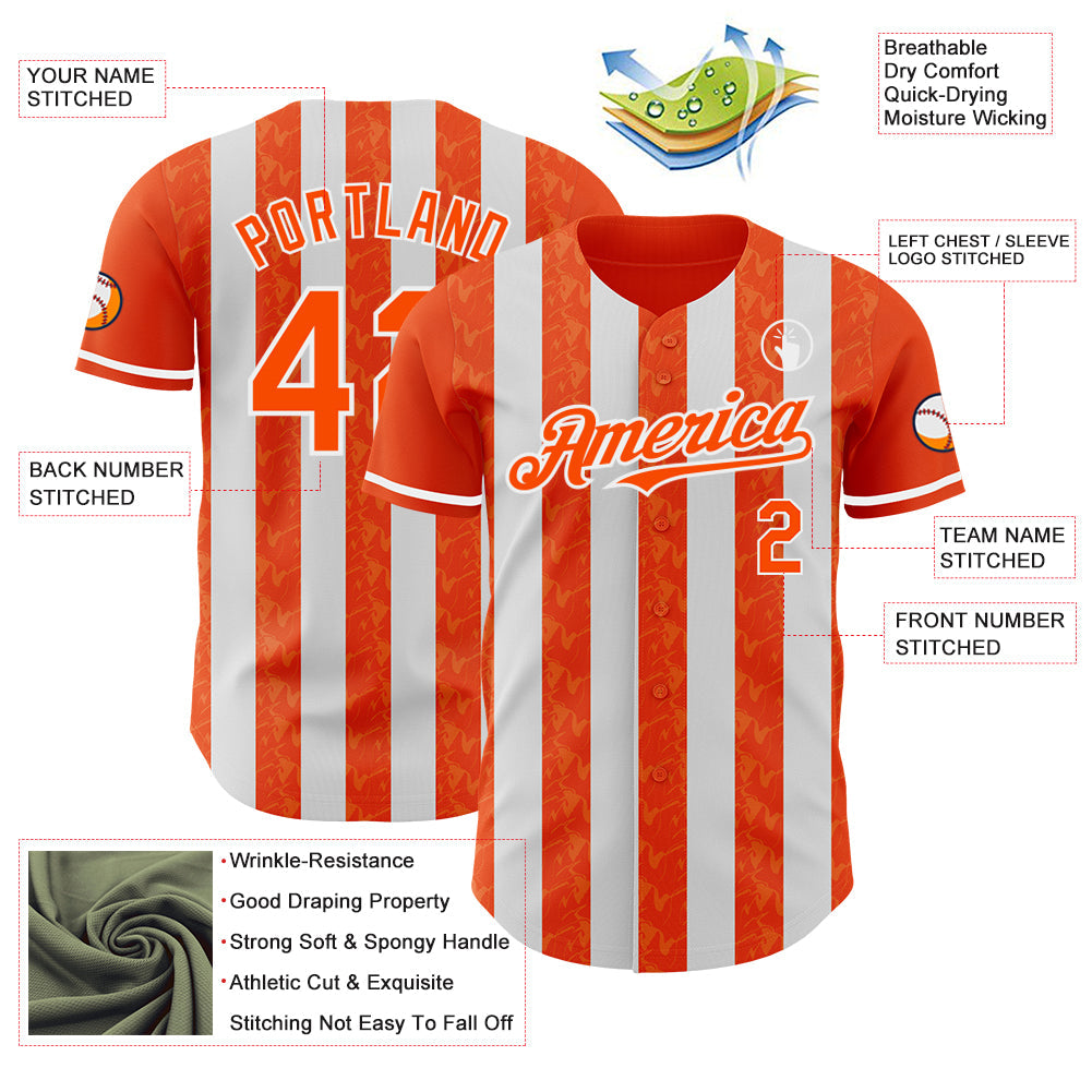 Custom Orange-White Classic Vertical Stripe Fluid Liquid Texture Authentic Baseball Jersey view 3