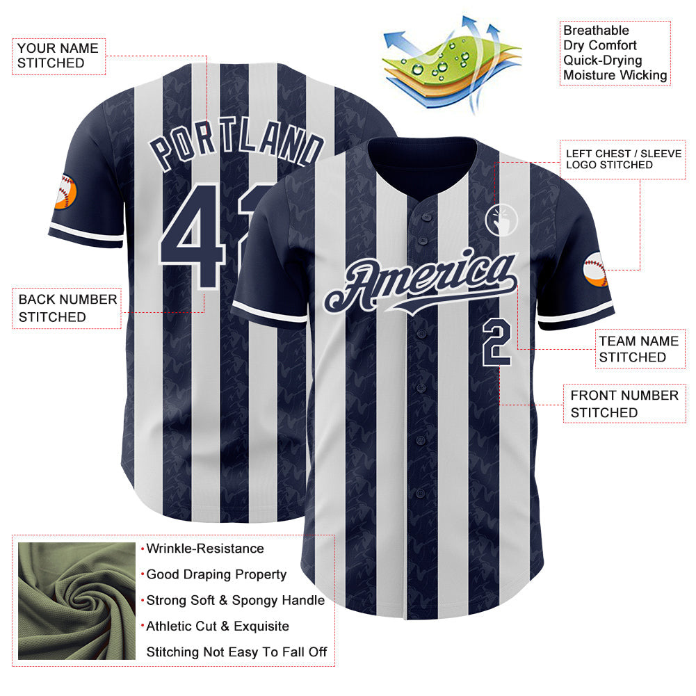 Custom Navy-White Classic Vertical Stripe Fluid Liquid Texture Authentic Baseball Jersey view 3