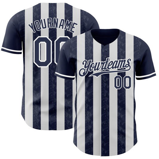 Custom Navy-White Classic Vertical Stripe Fluid Liquid Texture Authentic Baseball Jersey - Main View