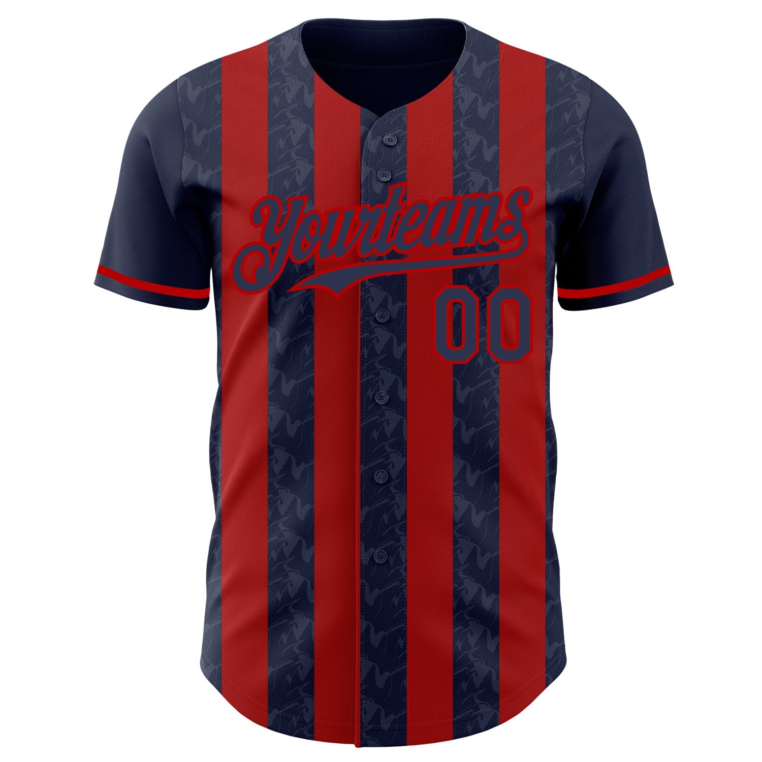 Custom Navy-Red Classic Vertical Stripe Fluid Liquid Texture Authentic Baseball Jersey view 2