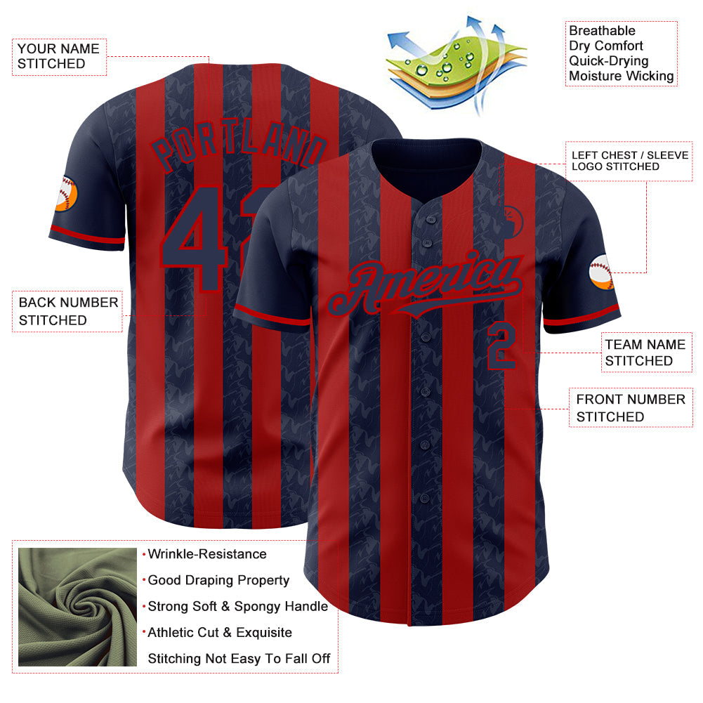 Custom Navy-Red Classic Vertical Stripe Fluid Liquid Texture Authentic Baseball Jersey view 3