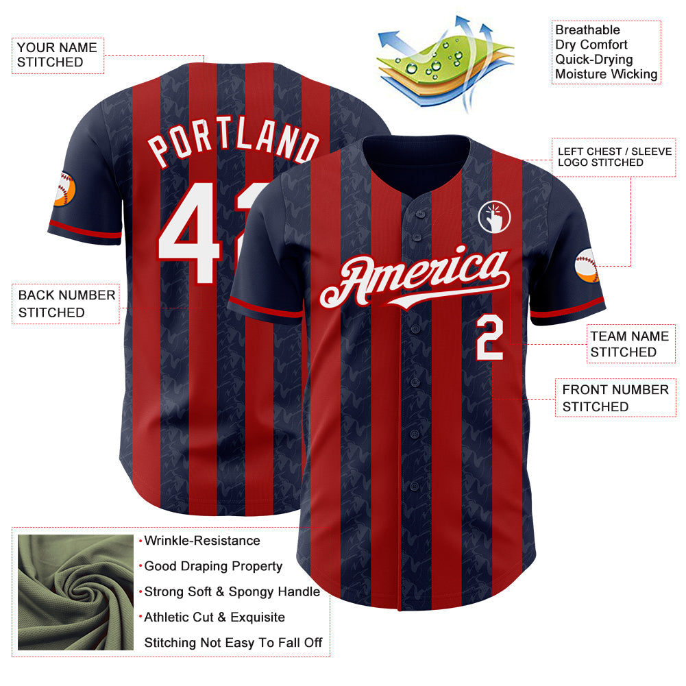 Custom Navy White-Red Classic Vertical Stripe Fluid Liquid Texture Authentic Baseball Jersey view 3