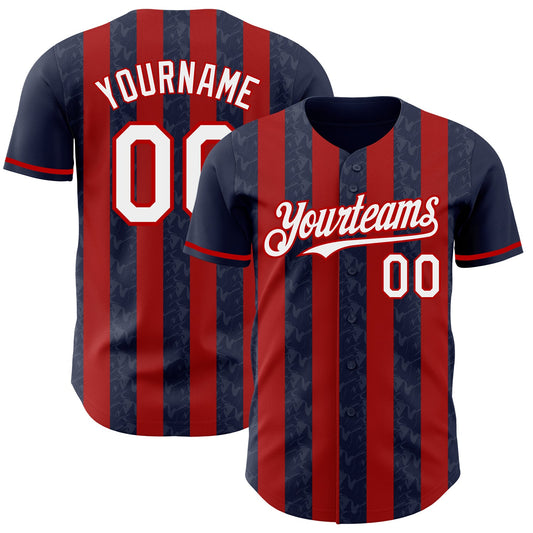 Custom Navy White-Red Classic Vertical Stripe Fluid Liquid Texture Authentic Baseball Jersey - Main View