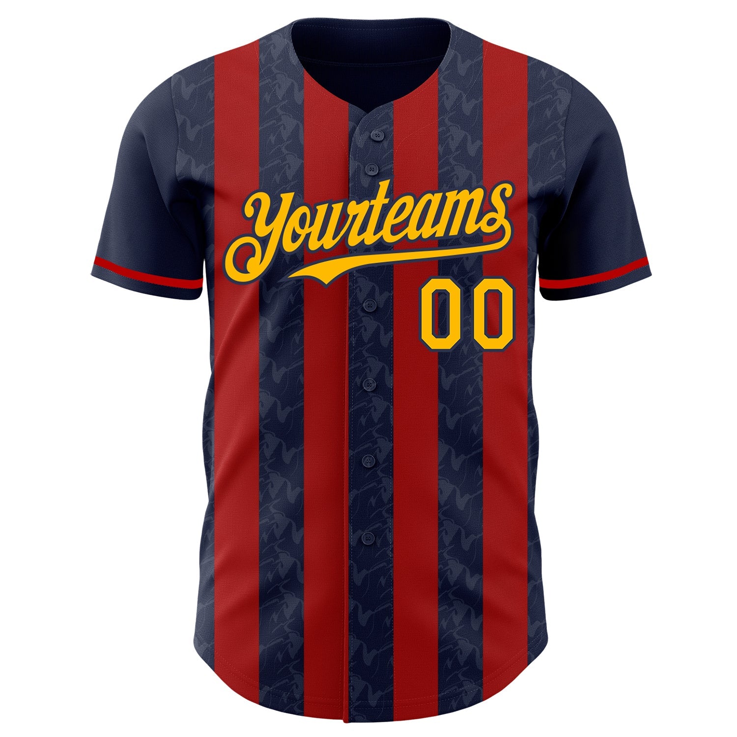 Custom Navy Gold-Red Classic Vertical Stripe Fluid Liquid Texture Authentic Baseball Jersey view 2