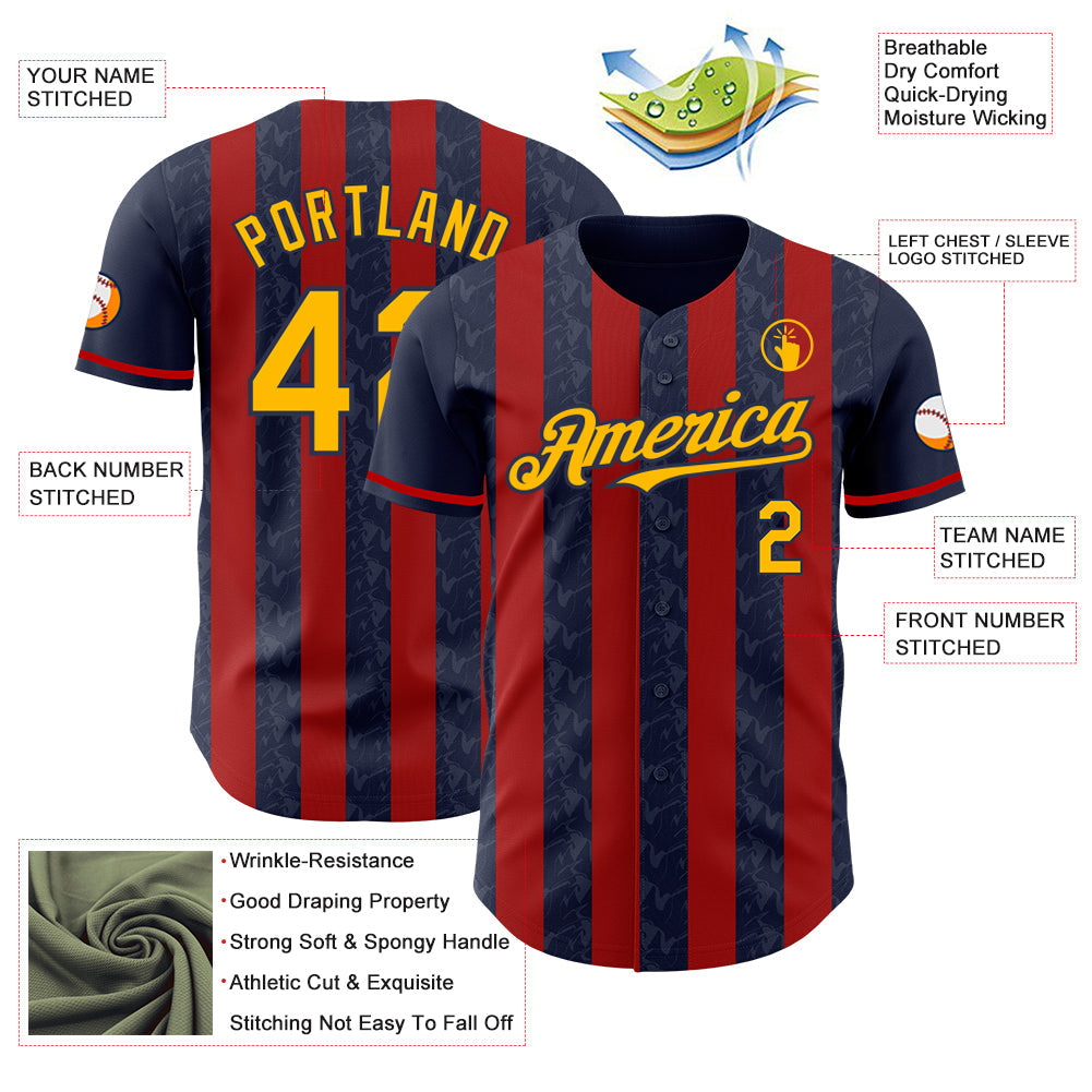 Custom Navy Gold-Red Classic Vertical Stripe Fluid Liquid Texture Authentic Baseball Jersey view 3
