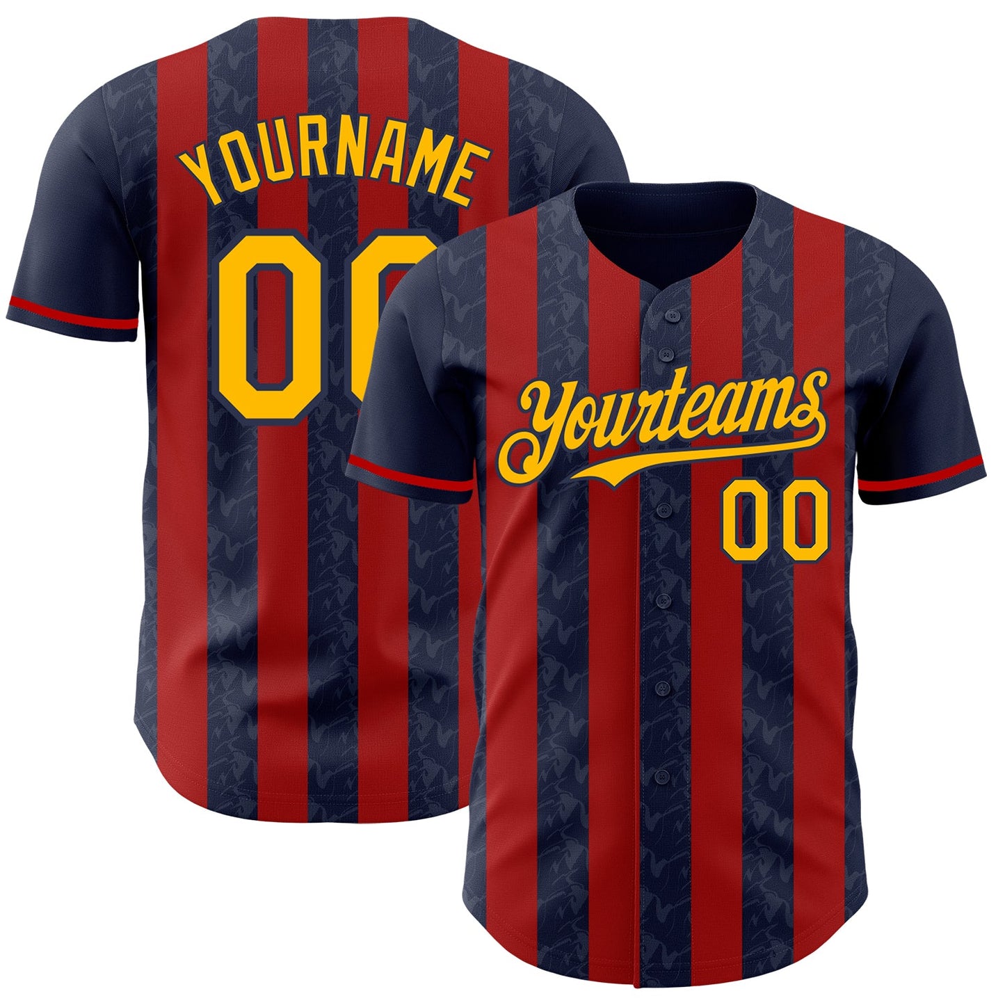 Custom Navy Gold-Red Classic Vertical Stripe Fluid Liquid Texture Authentic Baseball Jersey - Main View