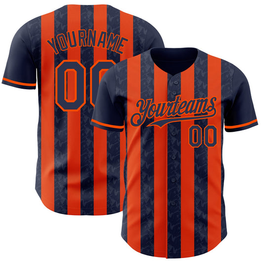 Custom Navy-Orange Classic Vertical Stripe Fluid Liquid Texture Authentic Baseball Jersey - Main View