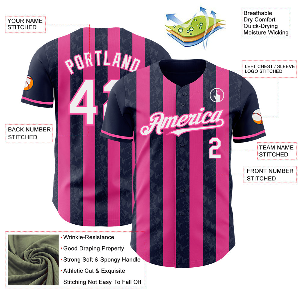Custom Navy White-Pink Classic Vertical Stripe Fluid Liquid Texture Authentic Baseball Jersey view 3