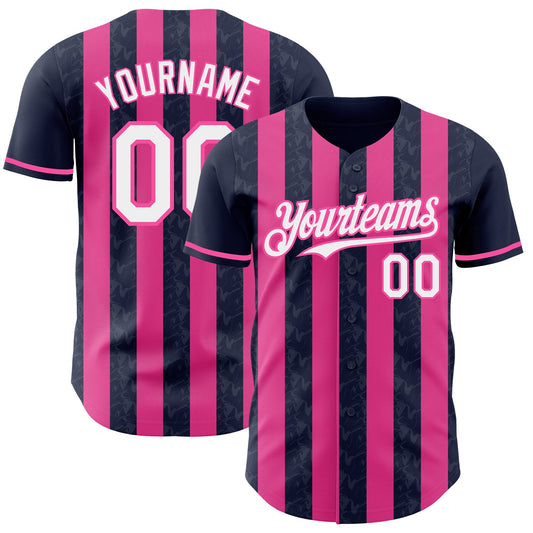 Custom Navy White-Pink Classic Vertical Stripe Fluid Liquid Texture Authentic Baseball Jersey - Main View