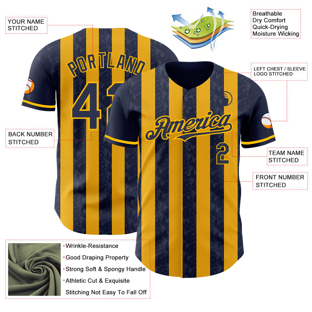 Custom Navy-Gold Classic Vertical Stripe Fluid Liquid Texture Authentic Baseball Jersey view 3