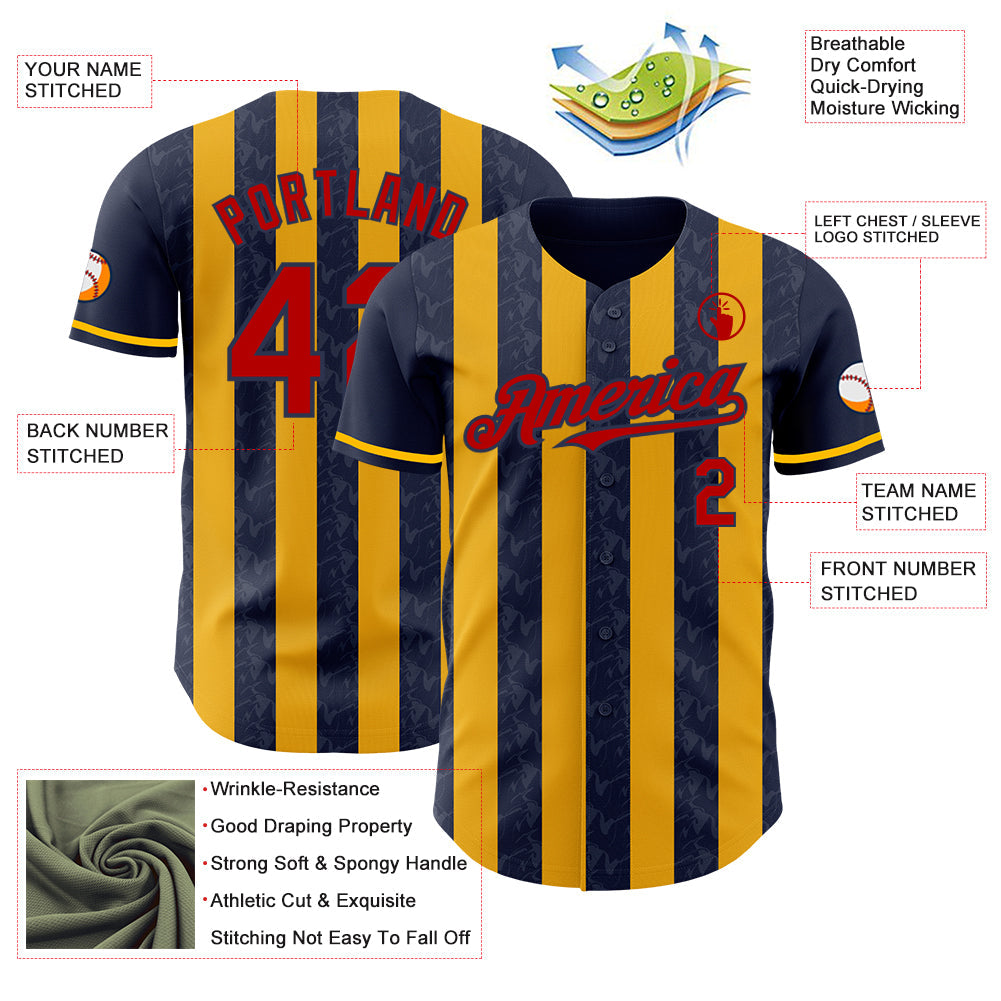 Custom Navy Red-Gold Classic Vertical Stripe Fluid Liquid Texture Authentic Baseball Jersey view 3