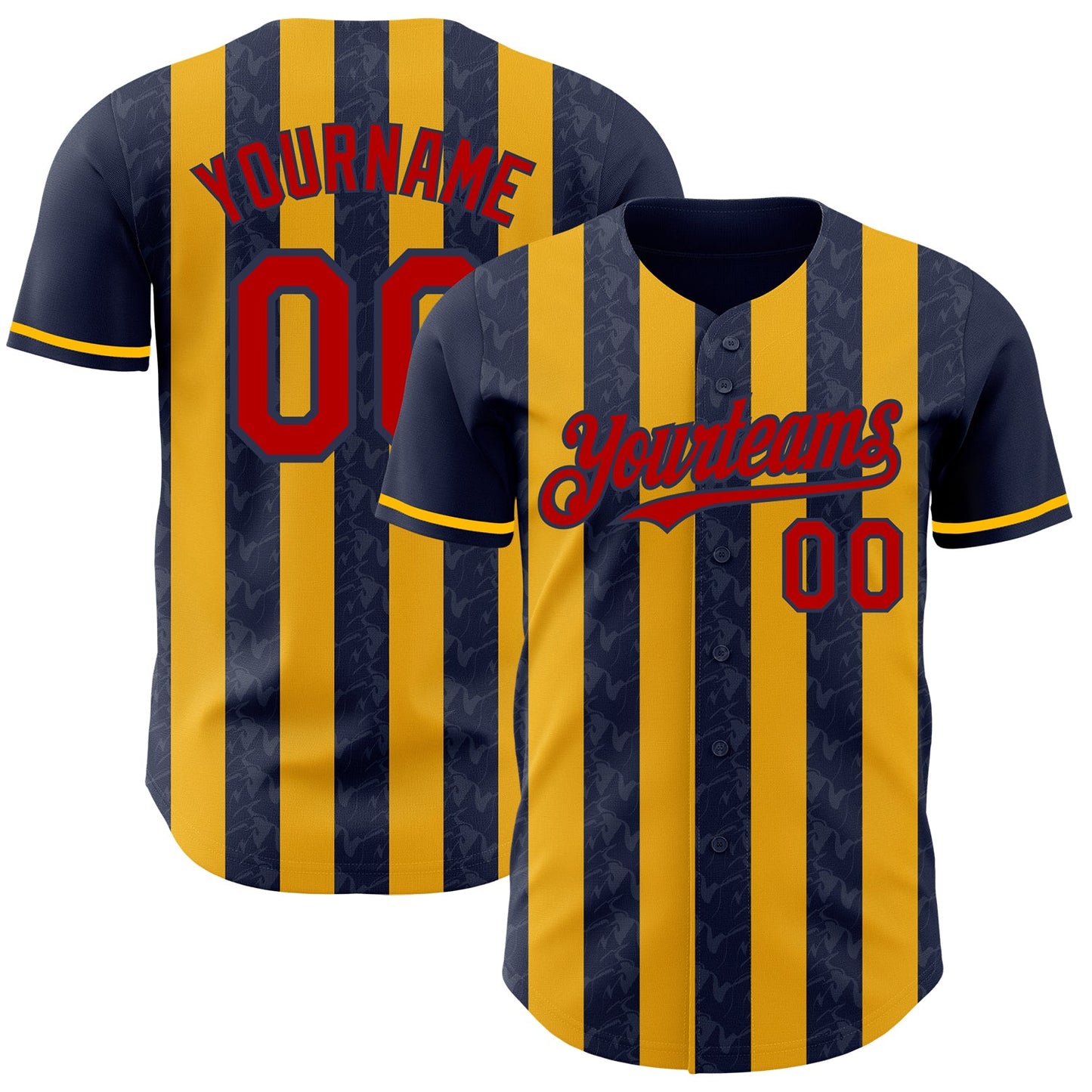 Custom Navy Red-Gold Classic Vertical Stripe Fluid Liquid Texture Authentic Baseball Jersey - Main View