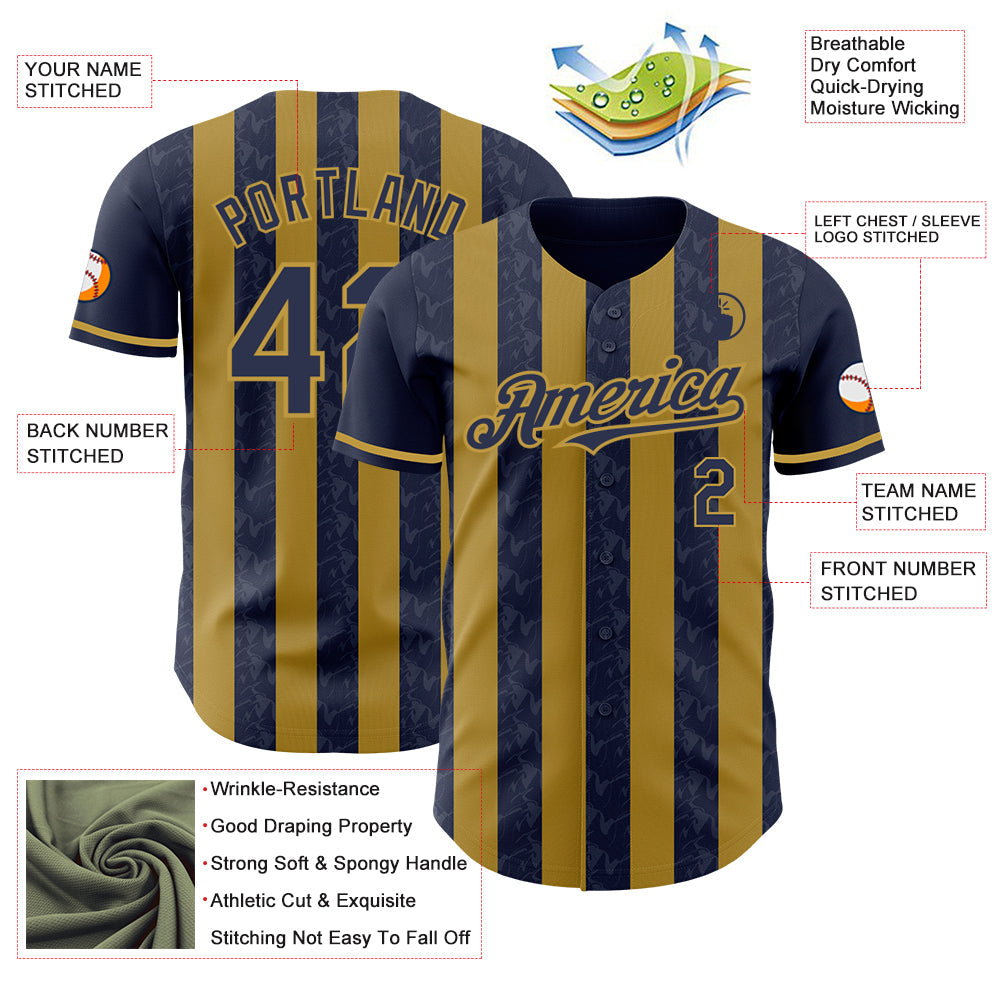 Custom Navy-Old Gold Classic Vertical Stripe Fluid Liquid Texture Authentic Baseball Jersey view 3