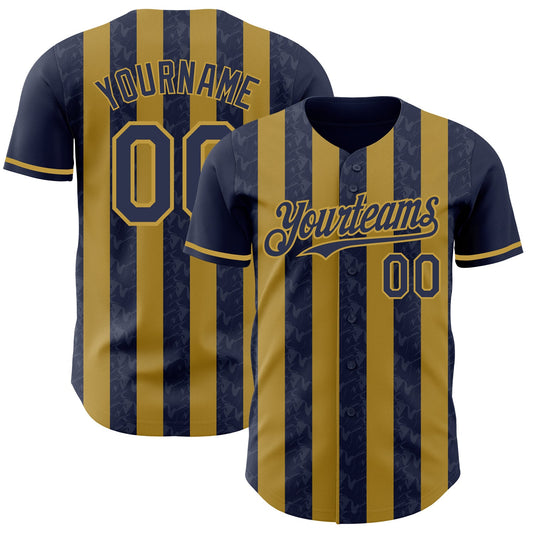 Custom Navy-Old Gold Classic Vertical Stripe Fluid Liquid Texture Authentic Baseball Jersey - Main View