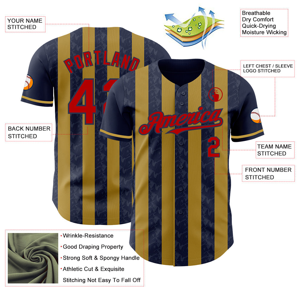 Custom Navy Red-Old Gold Classic Vertical Stripe Fluid Liquid Texture Authentic Baseball Jersey view 3