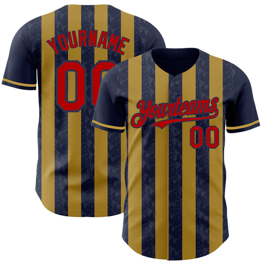 Custom Navy Red-Old Gold Classic Vertical Stripe Fluid Liquid Texture Authentic Baseball Jersey - Main View