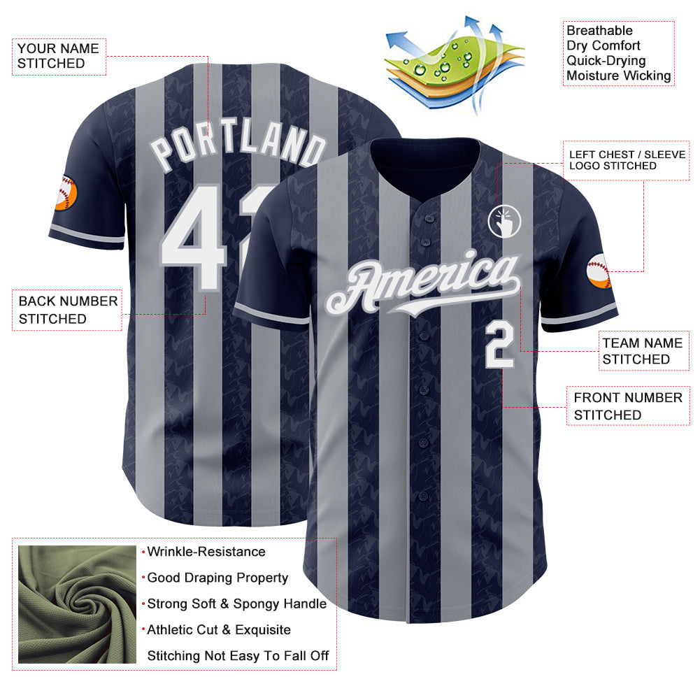 Custom Navy White-Gray Classic Vertical Stripe Fluid Liquid Texture Authentic Baseball Jersey view 3