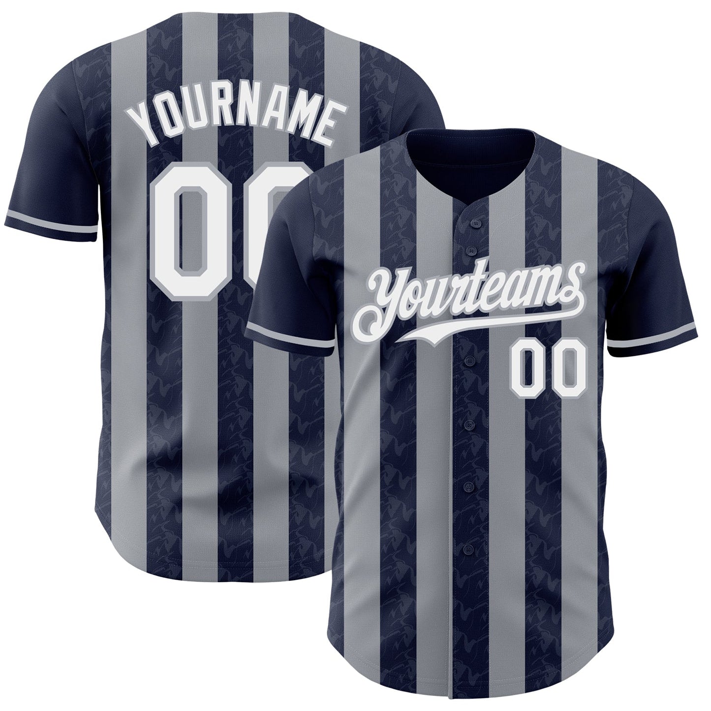 Custom Navy White-Gray Classic Vertical Stripe Fluid Liquid Texture Authentic Baseball Jersey - Main View
