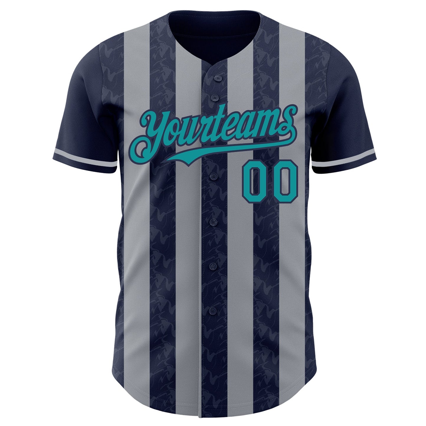 Custom Navy Teal-Gray Classic Vertical Stripe Fluid Liquid Texture Authentic Baseball Jersey view 2